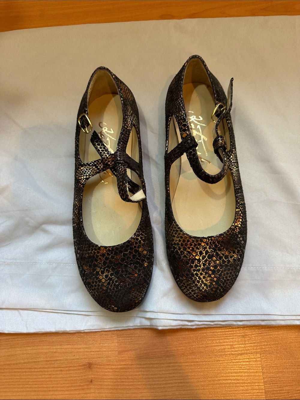 Women’s Metallic Black Brown Snake-Print Mary Jane Flats Katrinski